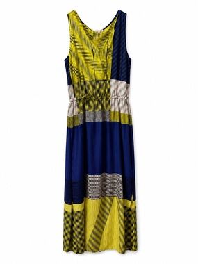 Joan Vass Maxi Dress Size L Colorblock Geometric Yellow Blue Sleeveless